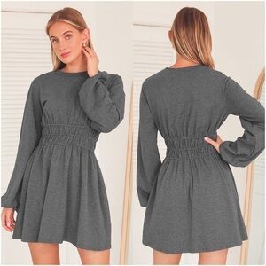 LULU’S Fashion Win Charcoal Grey Balloon Sleeve Mini Dress